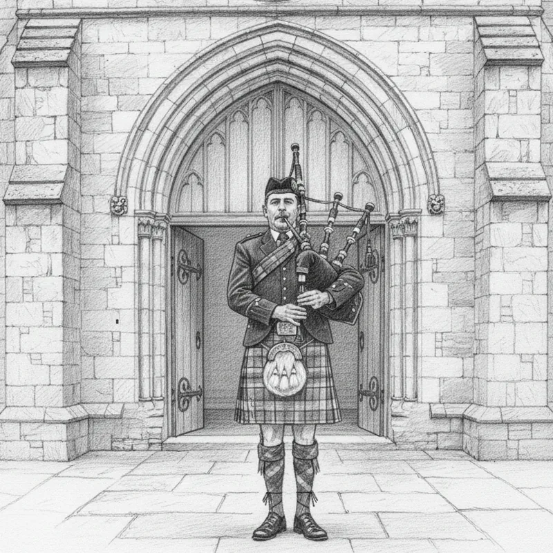 Pencil drawing of a piper standing in a stone church archway