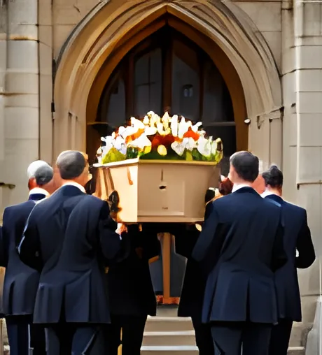 Pallbearers carry a coffin topped with flowers up the steps into a church