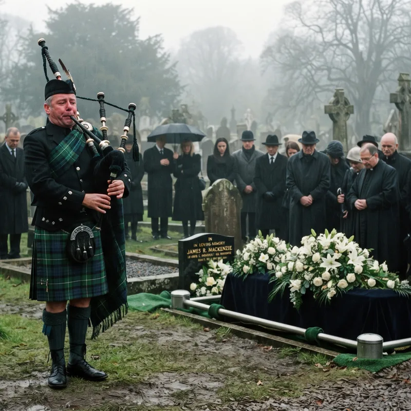 A piper plays at a graveside as mourners stand with heads bowed