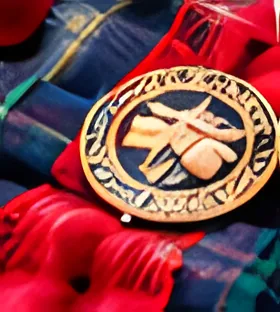 Close-up of the band’s gold cap badge on tartan cloth with red poppies