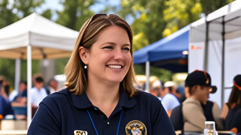 A smiling supporter in a navy band polo shirt at an outdoor community fair